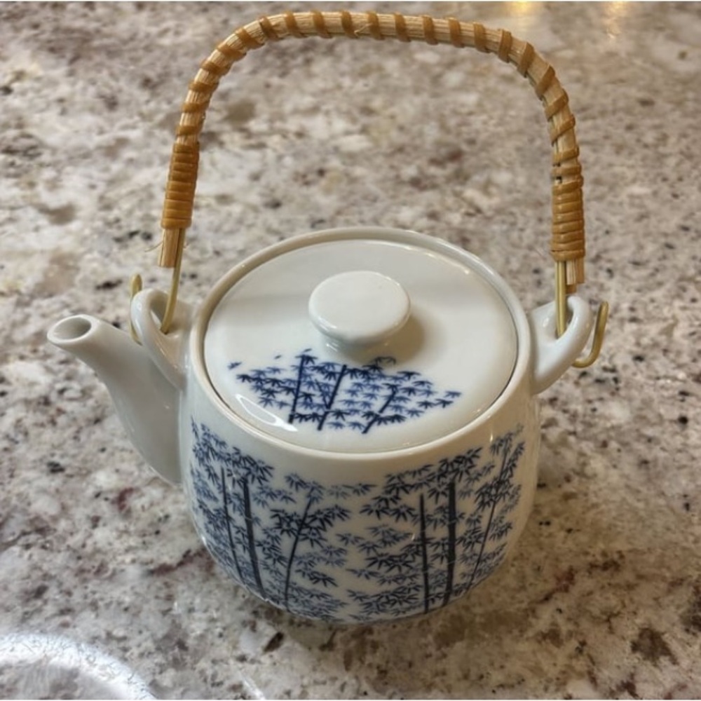 Blue and White Porcelain Teapot with Bamboo Design and Handle and Cup